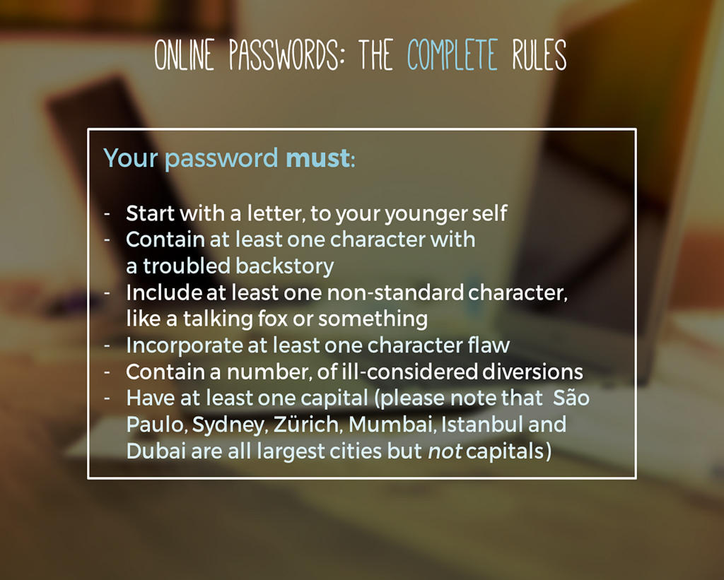 Password must contain a number. Letter to your younger self. your password must include a leap year..